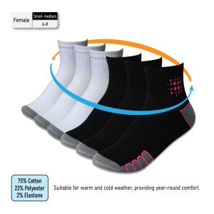 Women’s Cotton Blend Crew Socks (6 Pairs) – Breathable and Soft, Two Colors, Size 6-8, Black/Gray/Pink, 6-8 Short